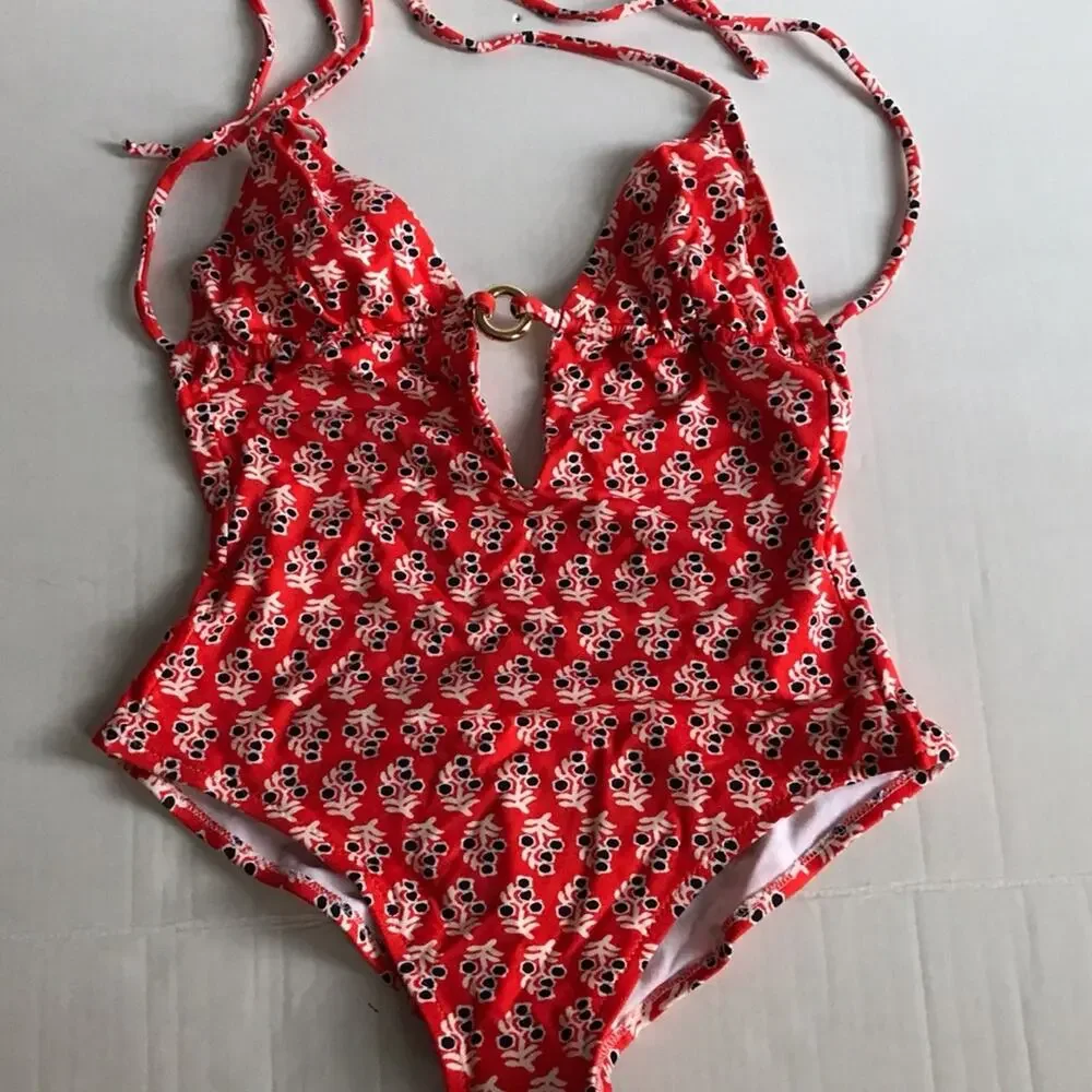 Tory Burch XS Hamadri Floral Swimsuit Red Orange One Piece Cutout Reg $250+ NWT